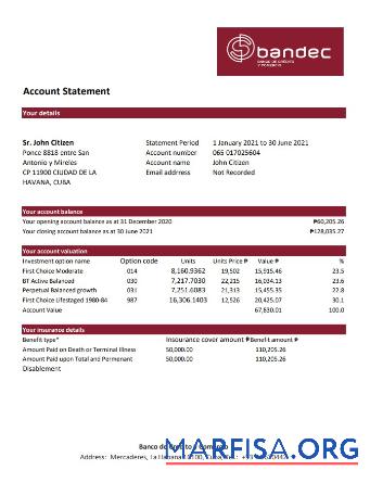 Printable Cuba Bandec Banco de Credito y Comercio bank statement excel download for verification
